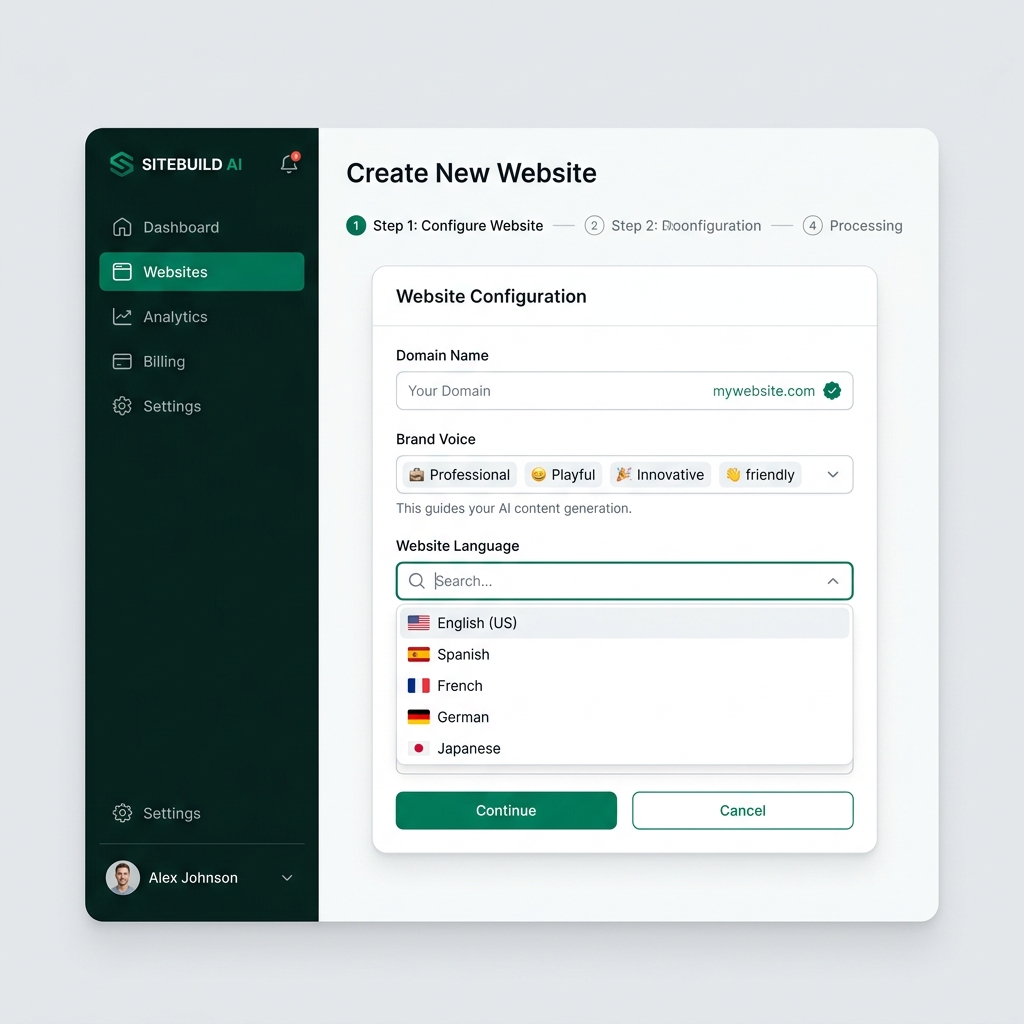 Add Website interface